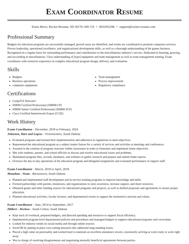exam coordinator misc resume classic template 1 cla