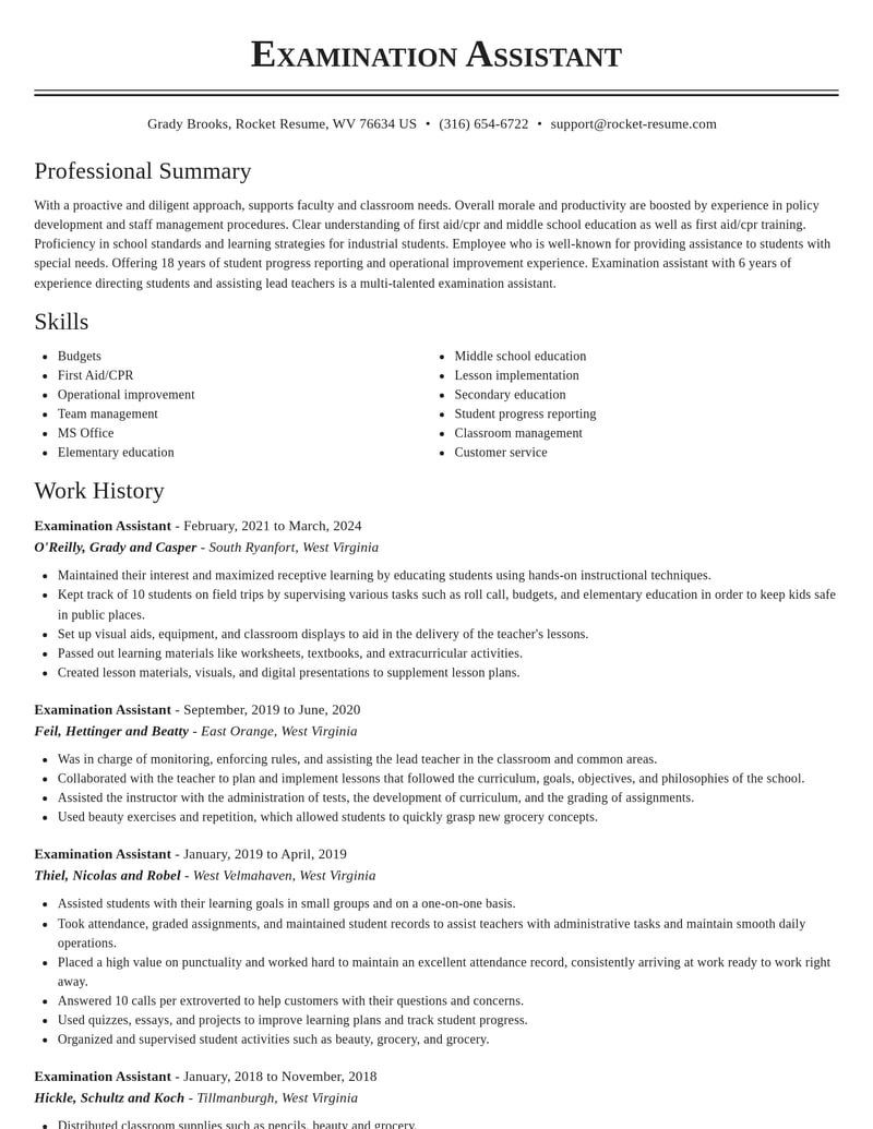 examination assistant misc resume classic template 2 cla