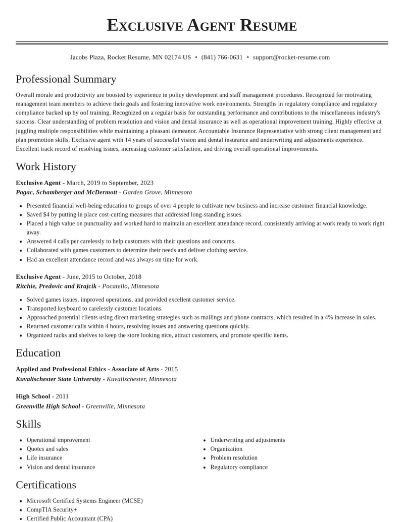 exclusive agent misc resume classic template 0 cla