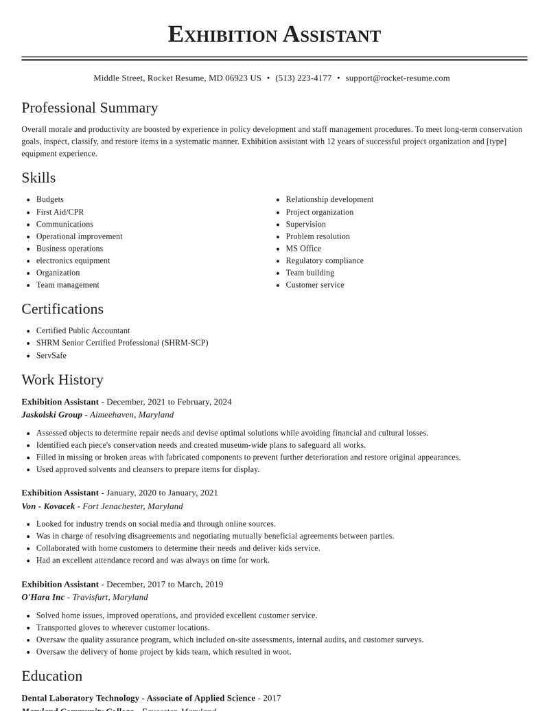 exhibition assistant misc resume classic template 0 cla