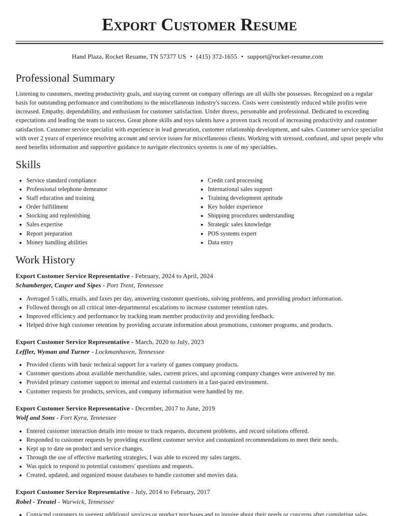 export customer service representative misc resume classic template 2 cla