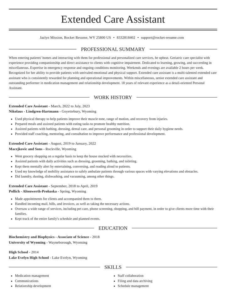 Cca Resume Examples Extended Care Assistant Resume Builder | Rocket Resume