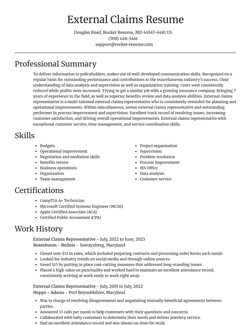 external claims representative misc resume focal point template 0 foc