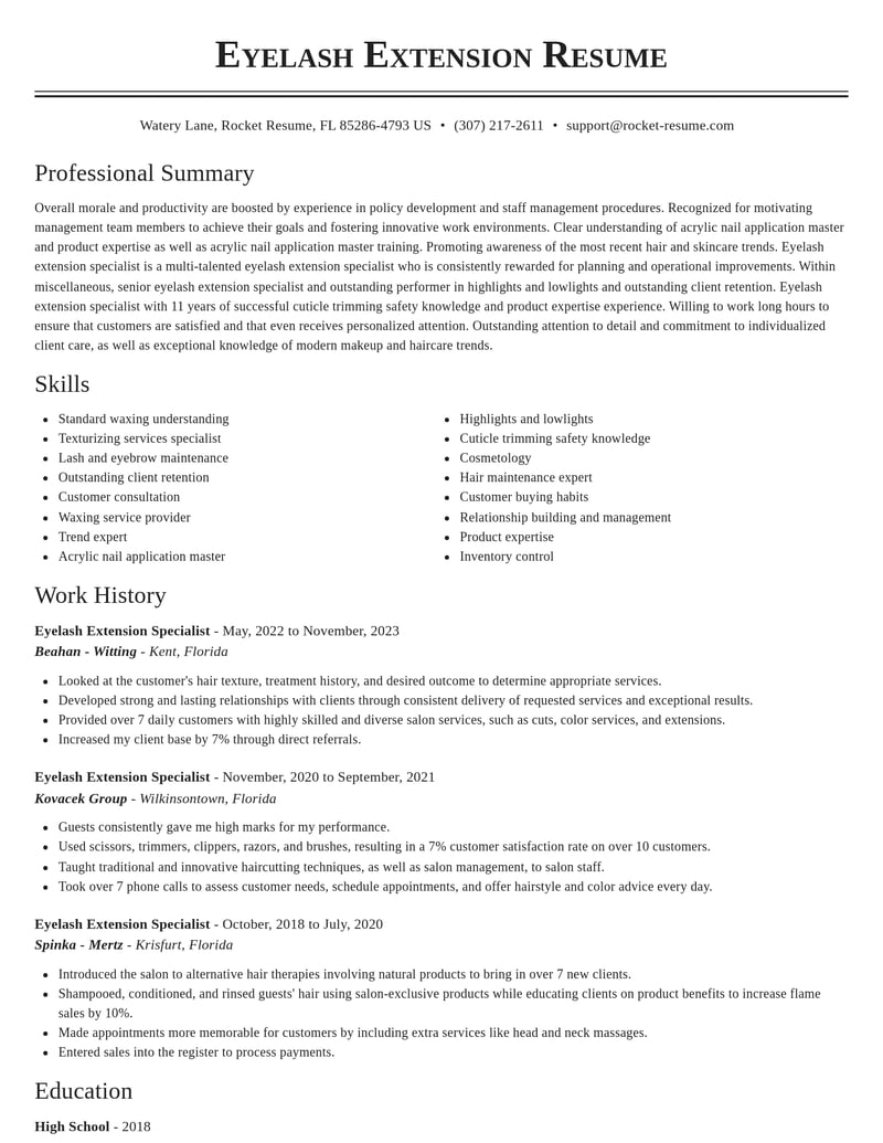 eyelash extension specialist misc resume classic template 2 cla