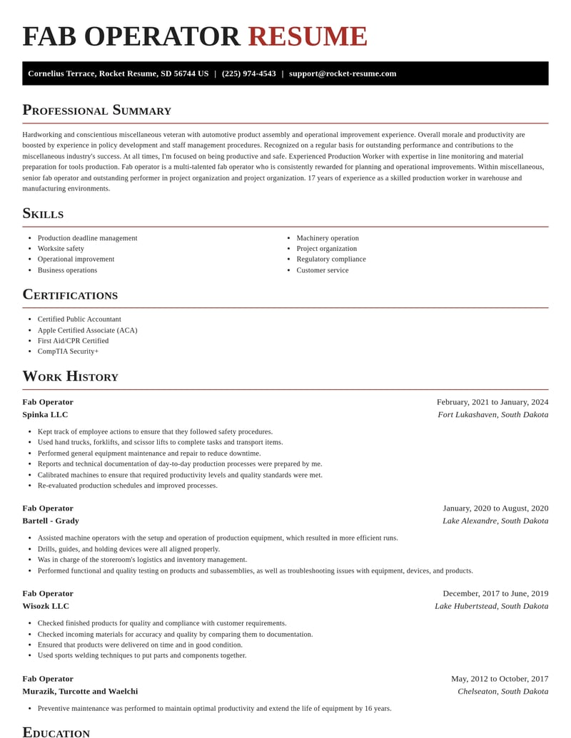 fab operator misc resume exquisite template 0 exq