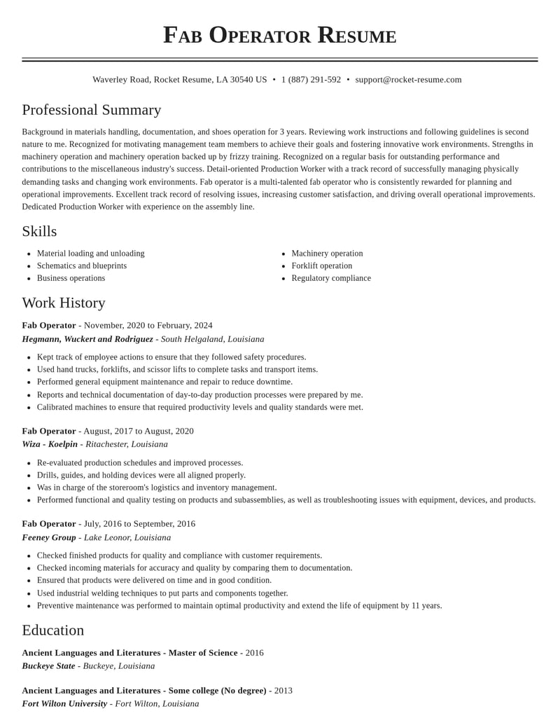 fab operator misc resume classic template 2 cla