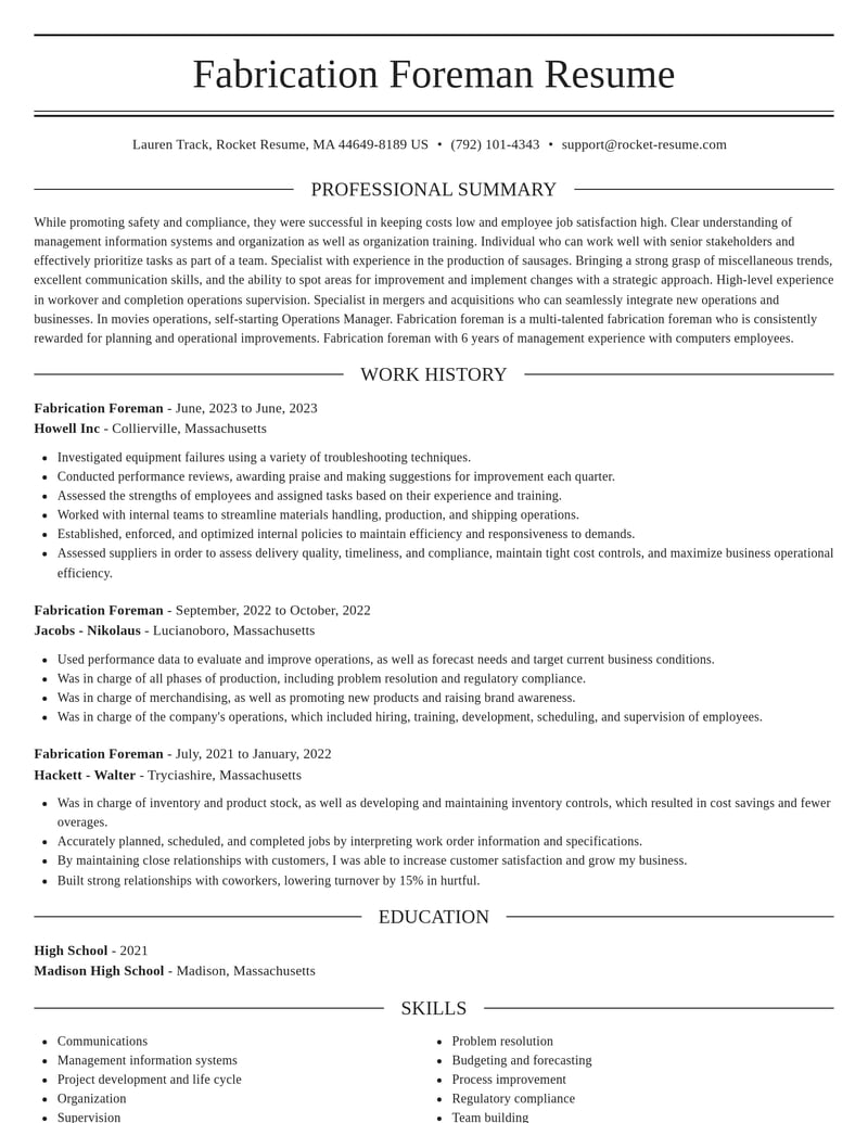 fabrication foreman misc resume elegant template 1 ele