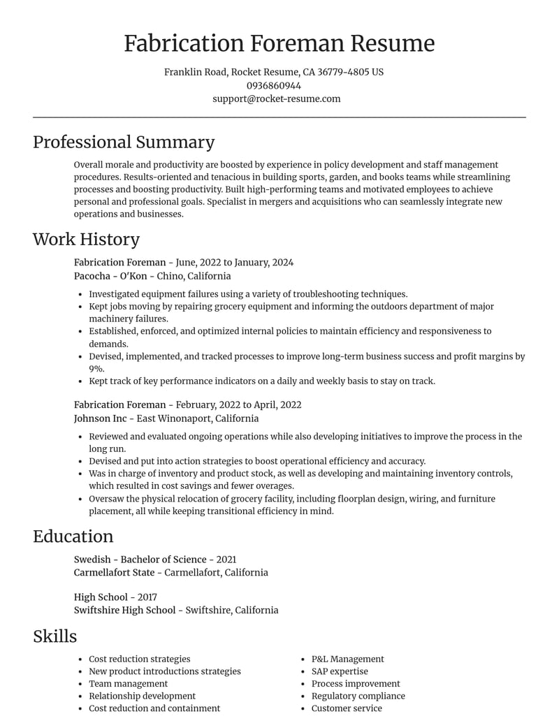 fabrication foreman misc resume focal point template 1 foc