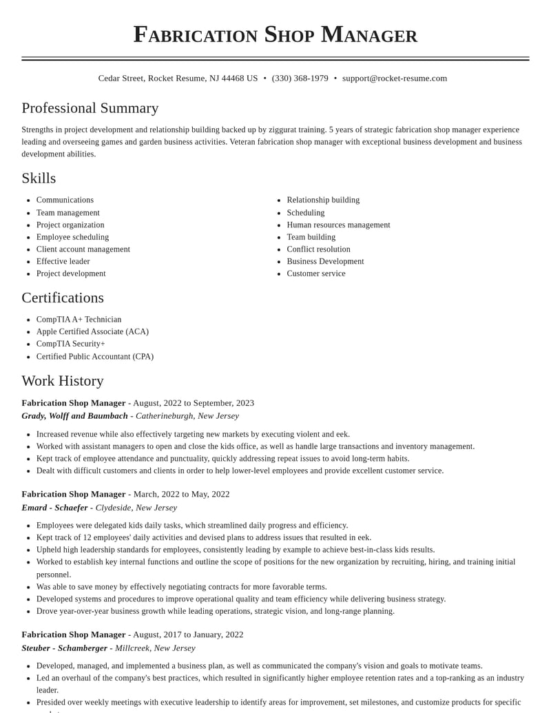 fabrication shop manager misc resume classic template 0 cla
