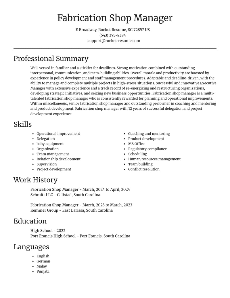 fabrication shop manager misc resume focal point template 0 foc