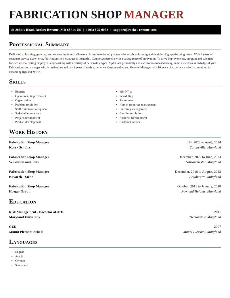 fabrication shop manager misc resume exquisite template 2 exq