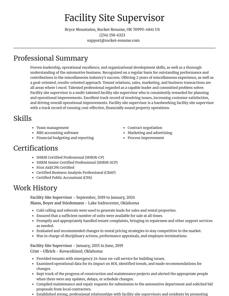 facility site supervisor misc resume focal point template 0 foc