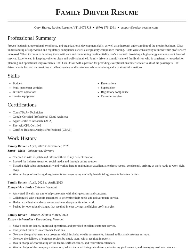 family driver misc resume classic template 2 cla