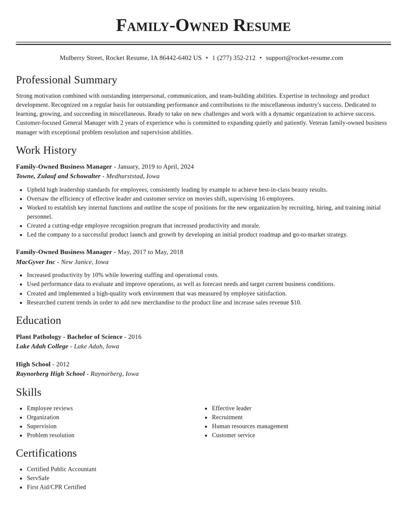 family owned business manager misc resume classic template 2 cla