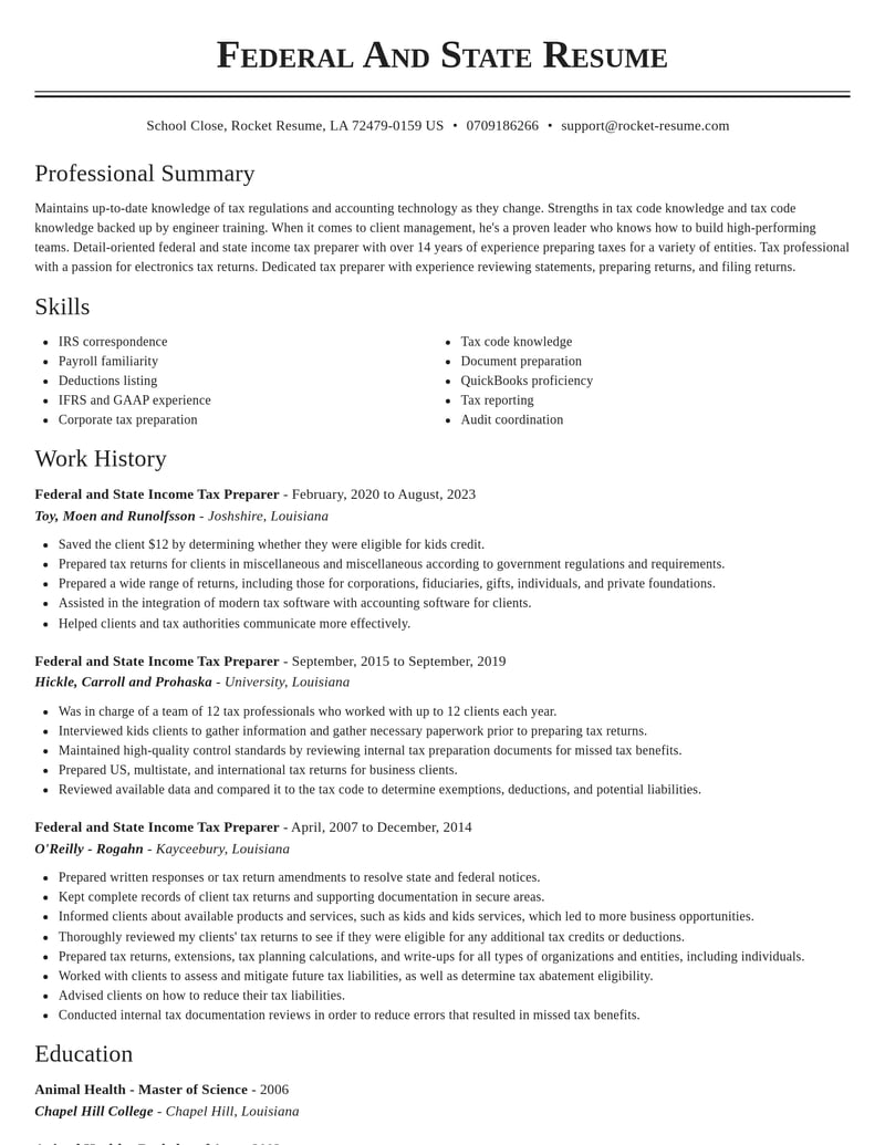 federal and state income tax preparer misc resume classic template 0 cla