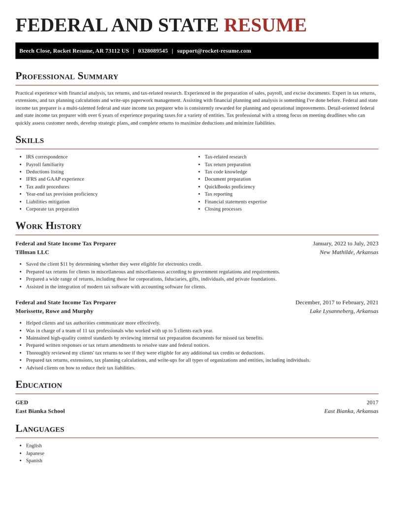 federal and state income tax preparer misc resume exquisite template 0 exq