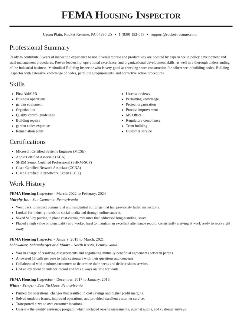 fema housing inspector misc resume classic template 2 cla