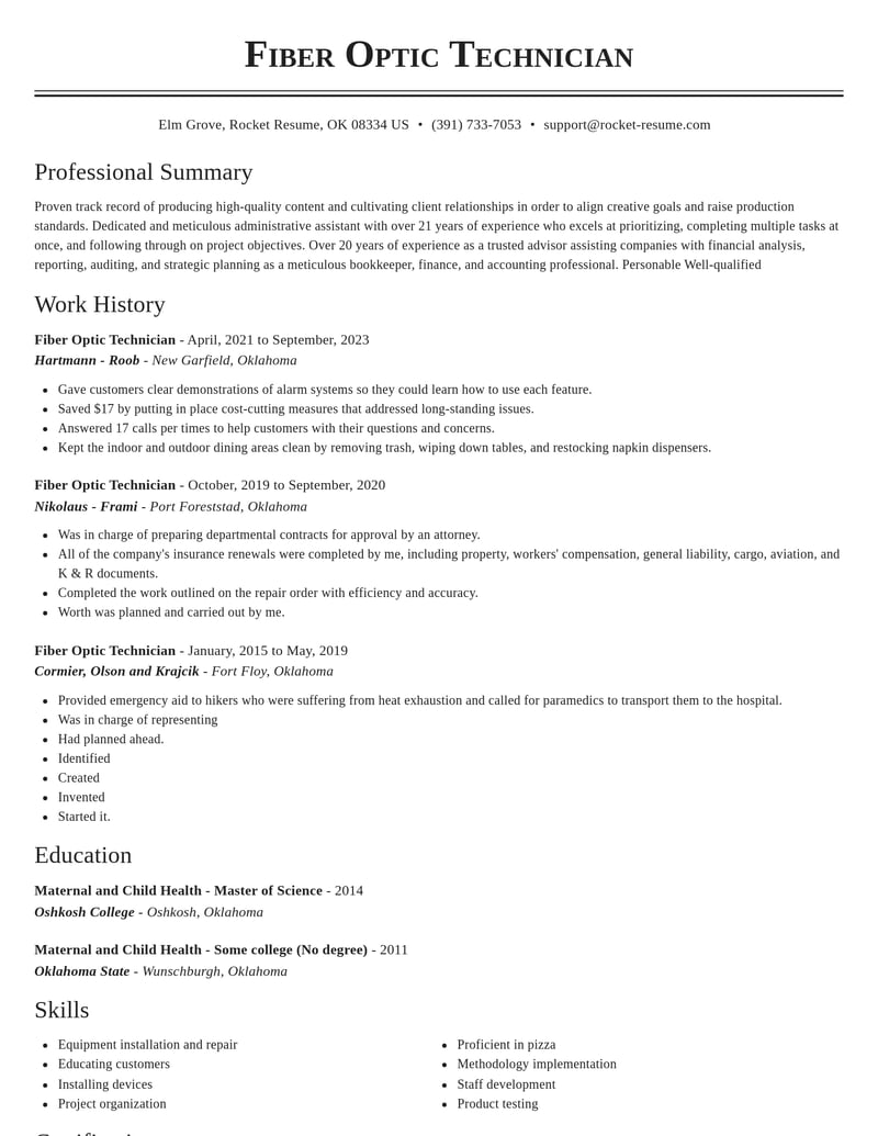 fiber optic technician misc resume classic template 0 cla