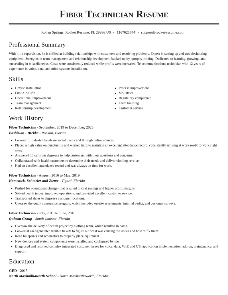 fiber technician misc resume classic template 2 cla
