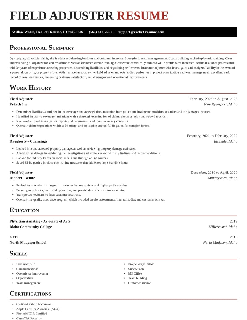field adjuster misc resume exquisite template 1 exq
