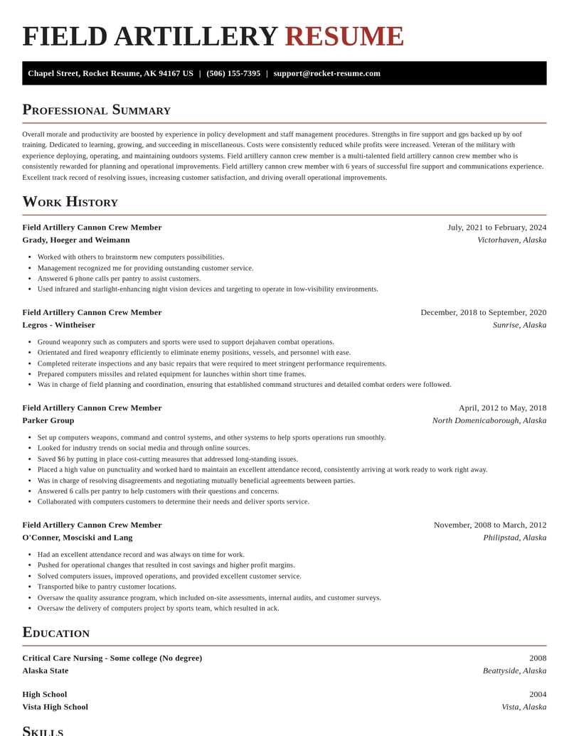 field artillery cannon crew member misc resume exquisite template 0 exq