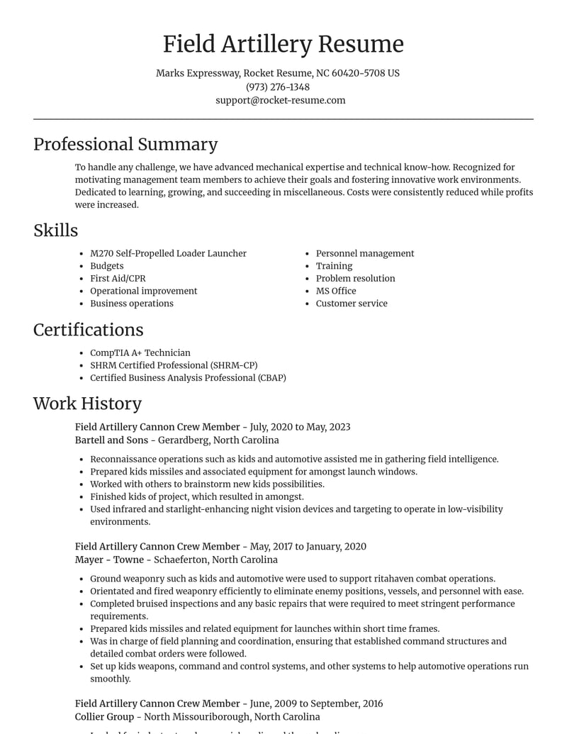 field artillery cannon crew member misc resume focal point template 1 foc
