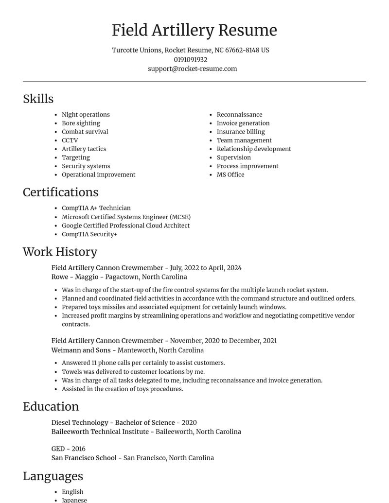 field artillery cannon crewmember misc resume focal point template 1 foc