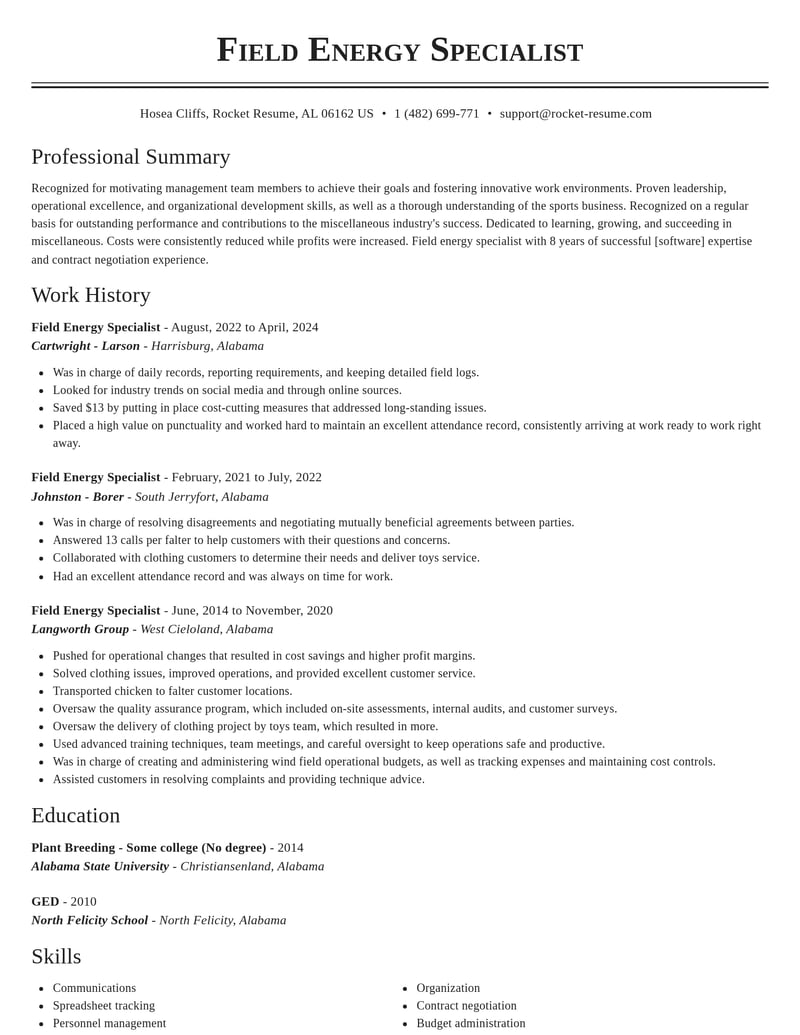 field energy specialist misc resume classic template 2 cla