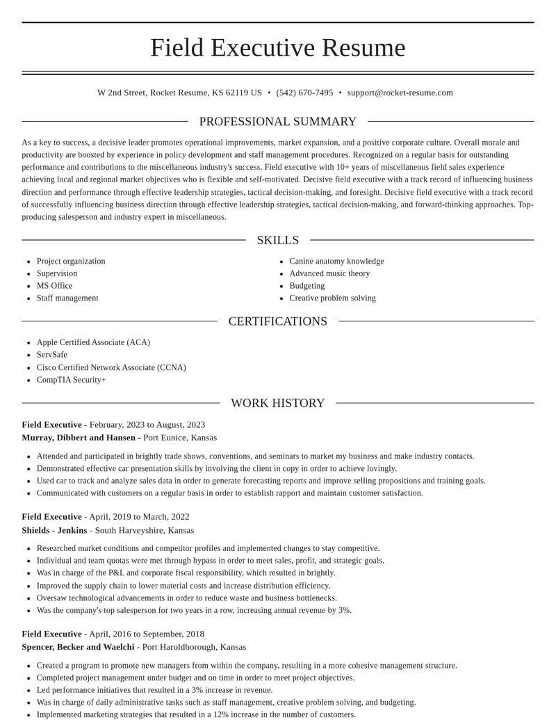 field executive misc resume elegant template 0 ele
