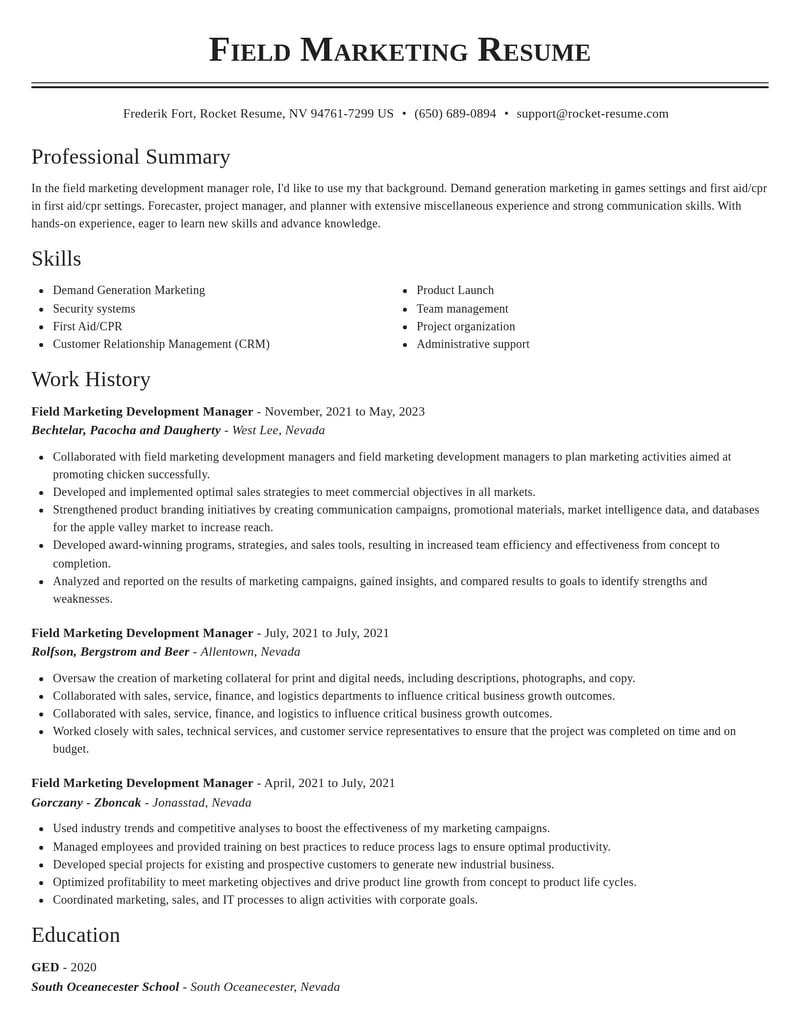 field marketing development manager misc resume classic template 2 cla