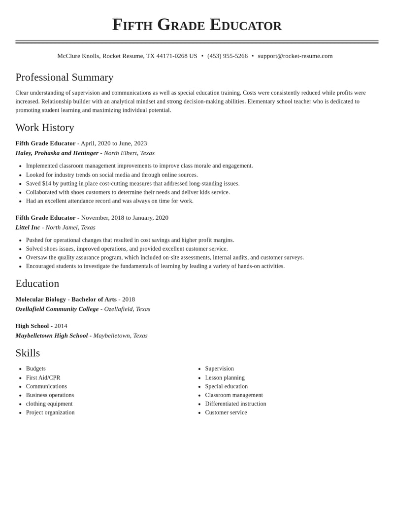 fifth grade educator misc resume classic template 0 cla
