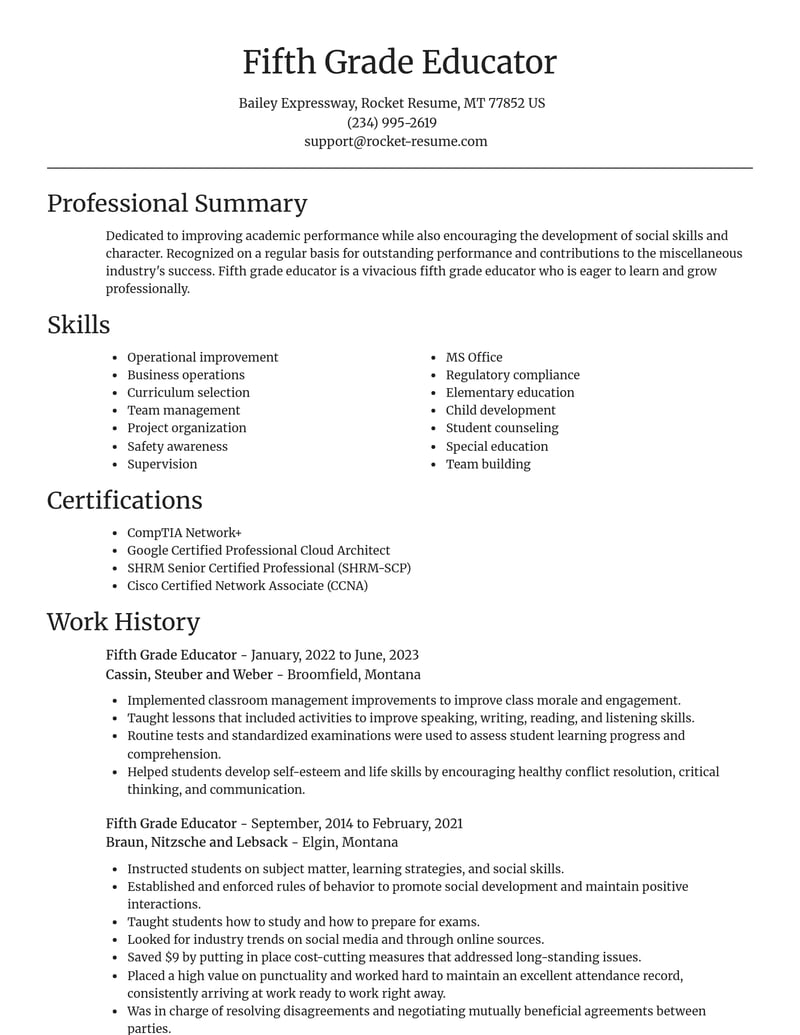 fifth grade educator misc resume focal point template 0 foc