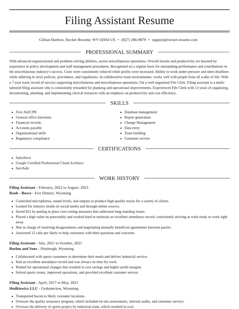 Filing Assistant Examples Filing Assistant Resume Creator | Rocket Resume