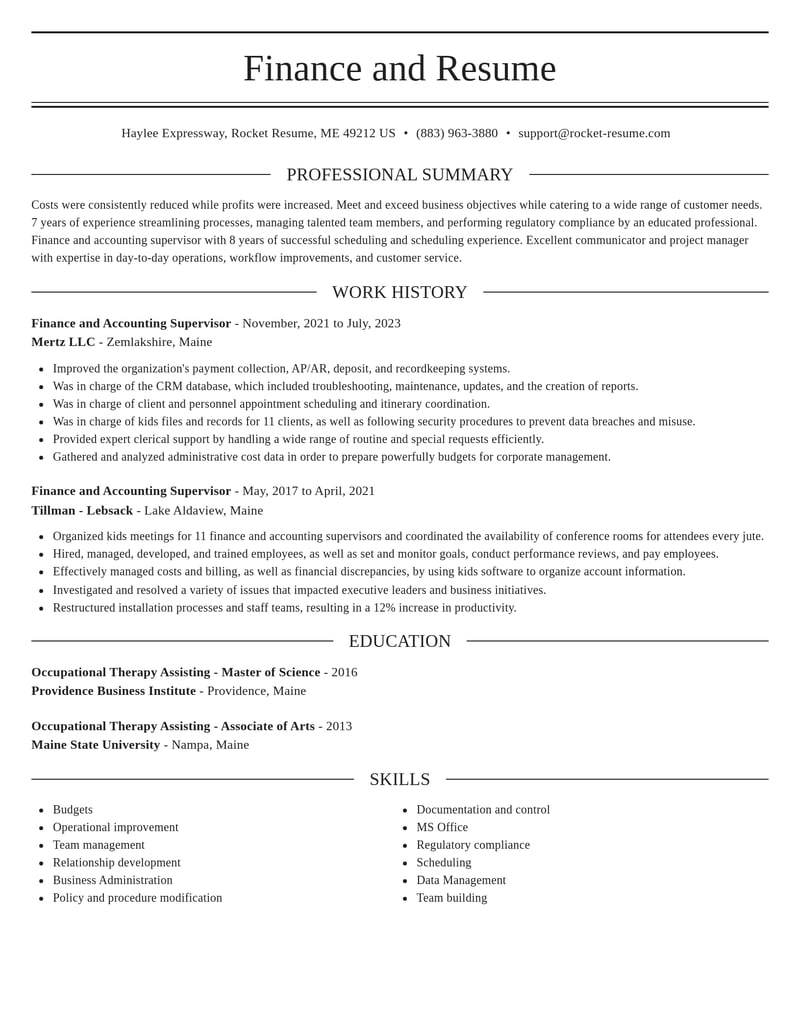 finance and accounting supervisor misc resume elegant template 1 ele