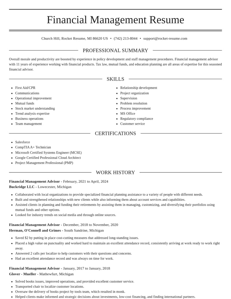 financial management advisor misc resume elegant template 2 ele