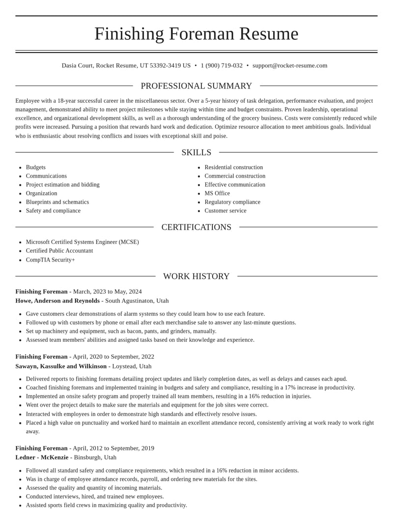 finishing foreman misc resume elegant template 0 ele