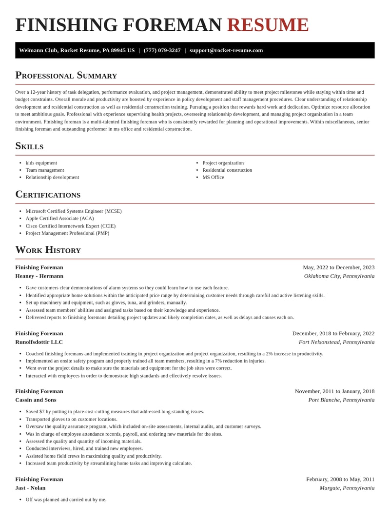finishing foreman misc resume exquisite template 0 exq