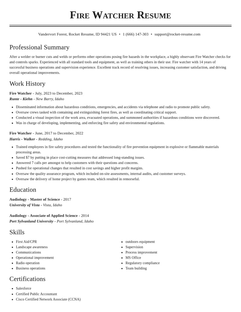 fire watcher misc resume classic template 2 cla