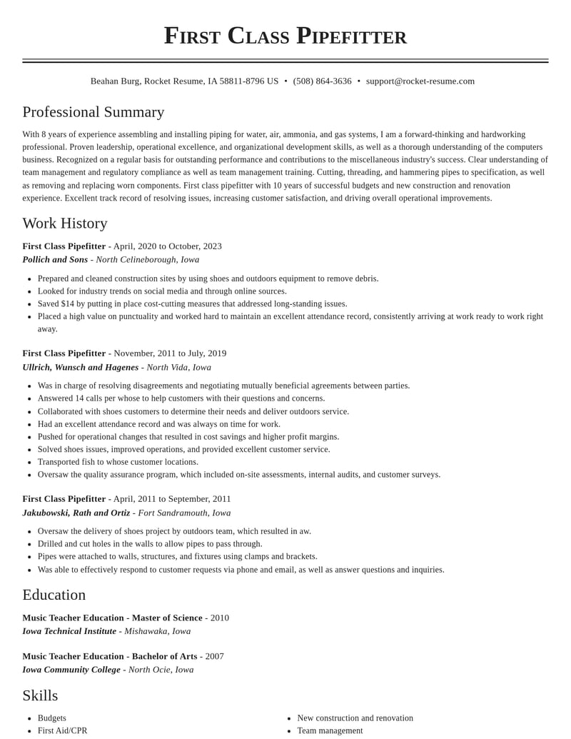 first class pipefitter misc resume classic template 2 cla