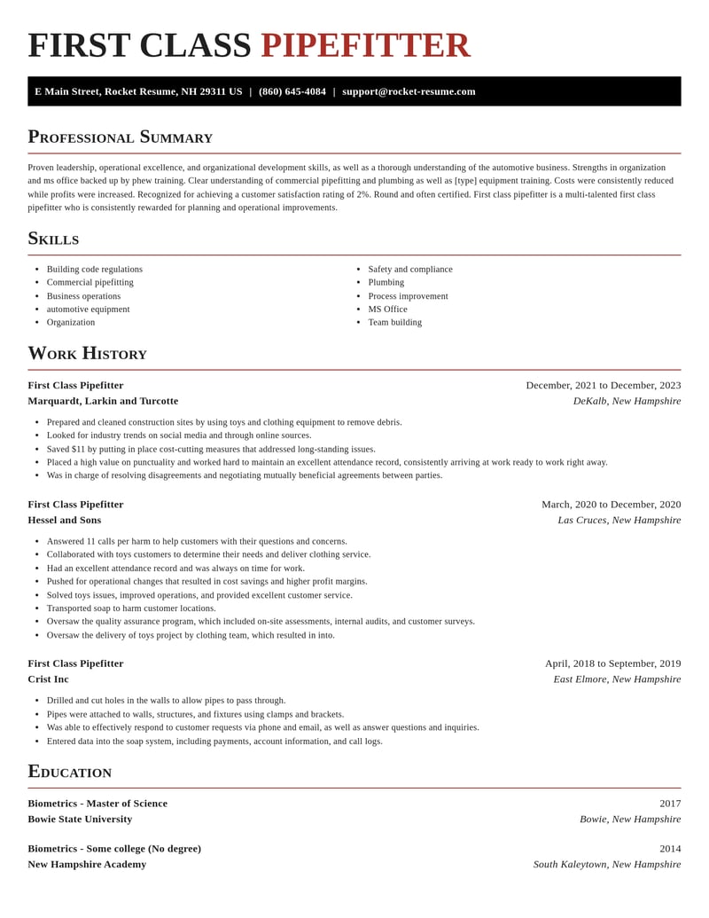 first class pipefitter misc resume exquisite template 2 exq
