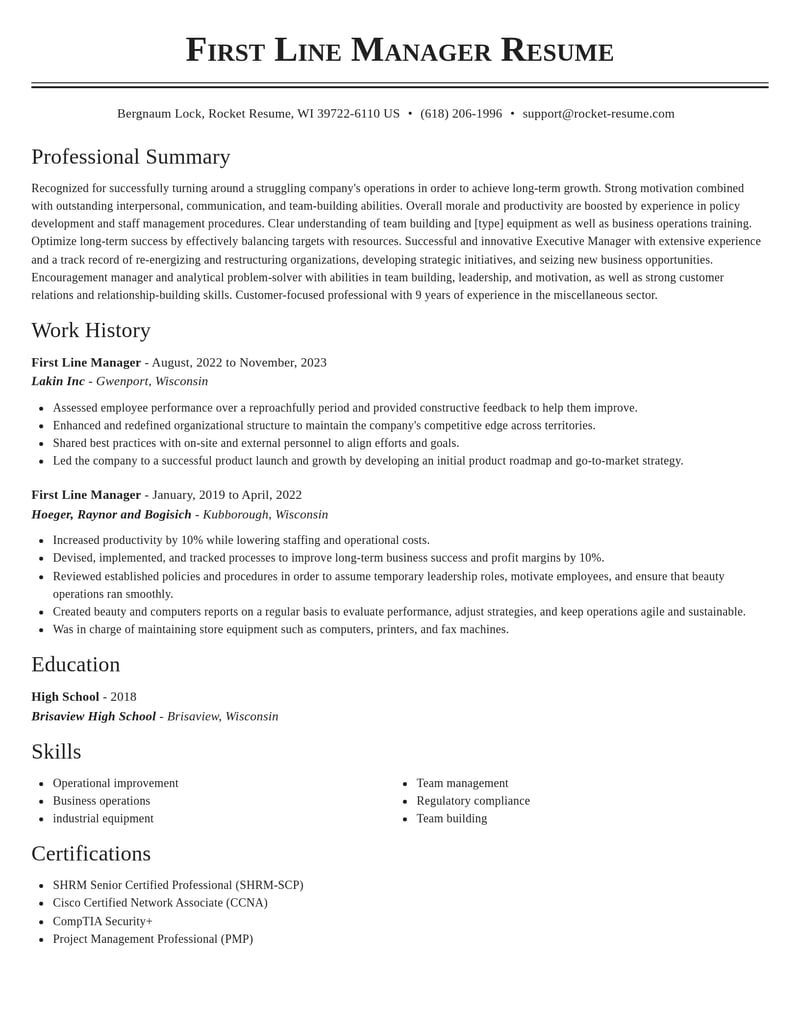 first line manager misc resume classic template 0 cla