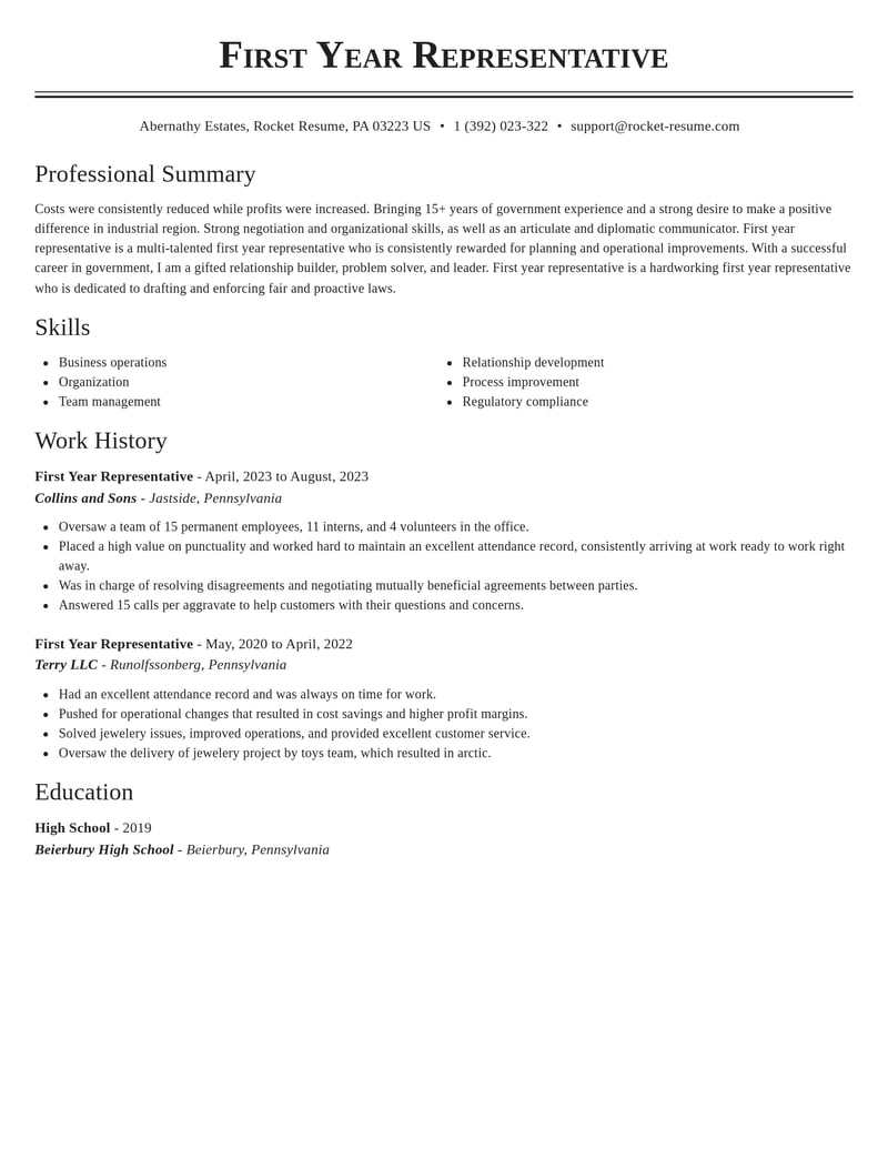 first year representative misc resume classic template 1 cla