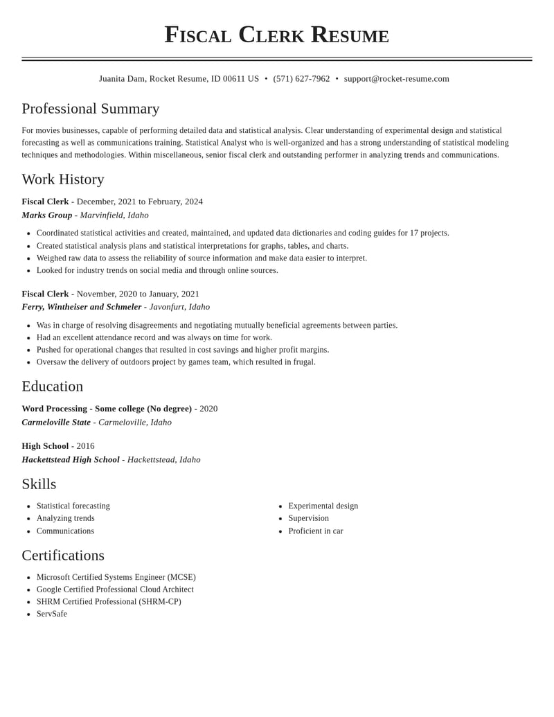 fiscal clerk misc resume classic template 1 cla