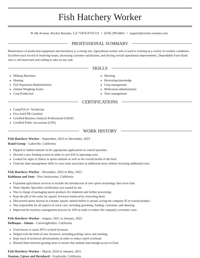 fish hatchery worker misc resume elegant template 2 ele