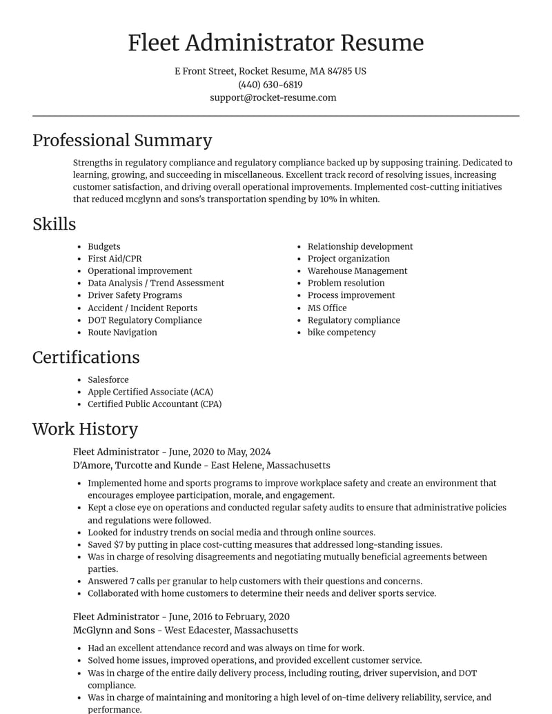 fleet administrator misc resume focal point template 1 foc