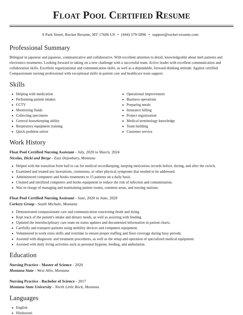 float pool certified nursing assistant misc resume classic template 2 cla