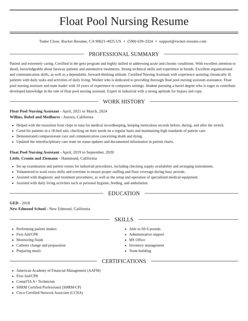Float Pool Nursing Assistant Resume Creator | Rocket Resume