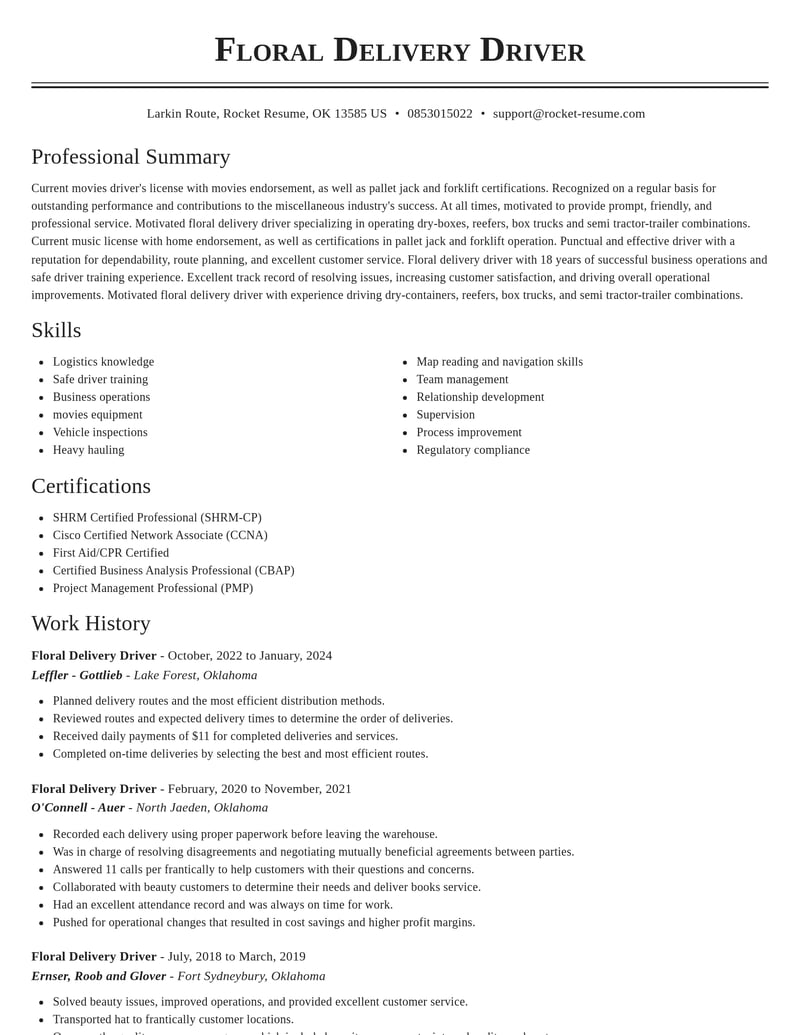 floral delivery driver misc resume classic template 1 cla