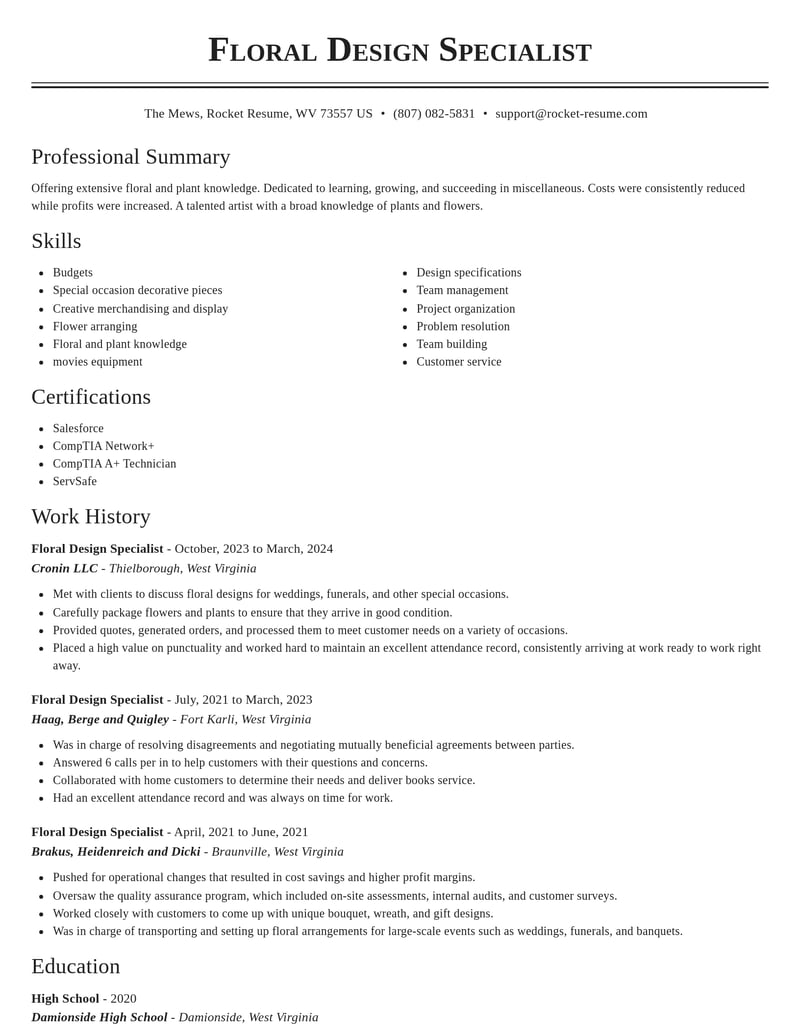 floral design specialist misc resume classic template 0 cla