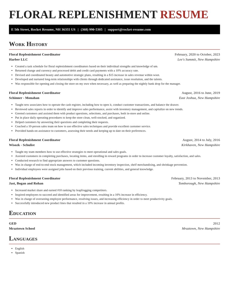 floral replenishment coordinator misc resume exquisite template 2 exq